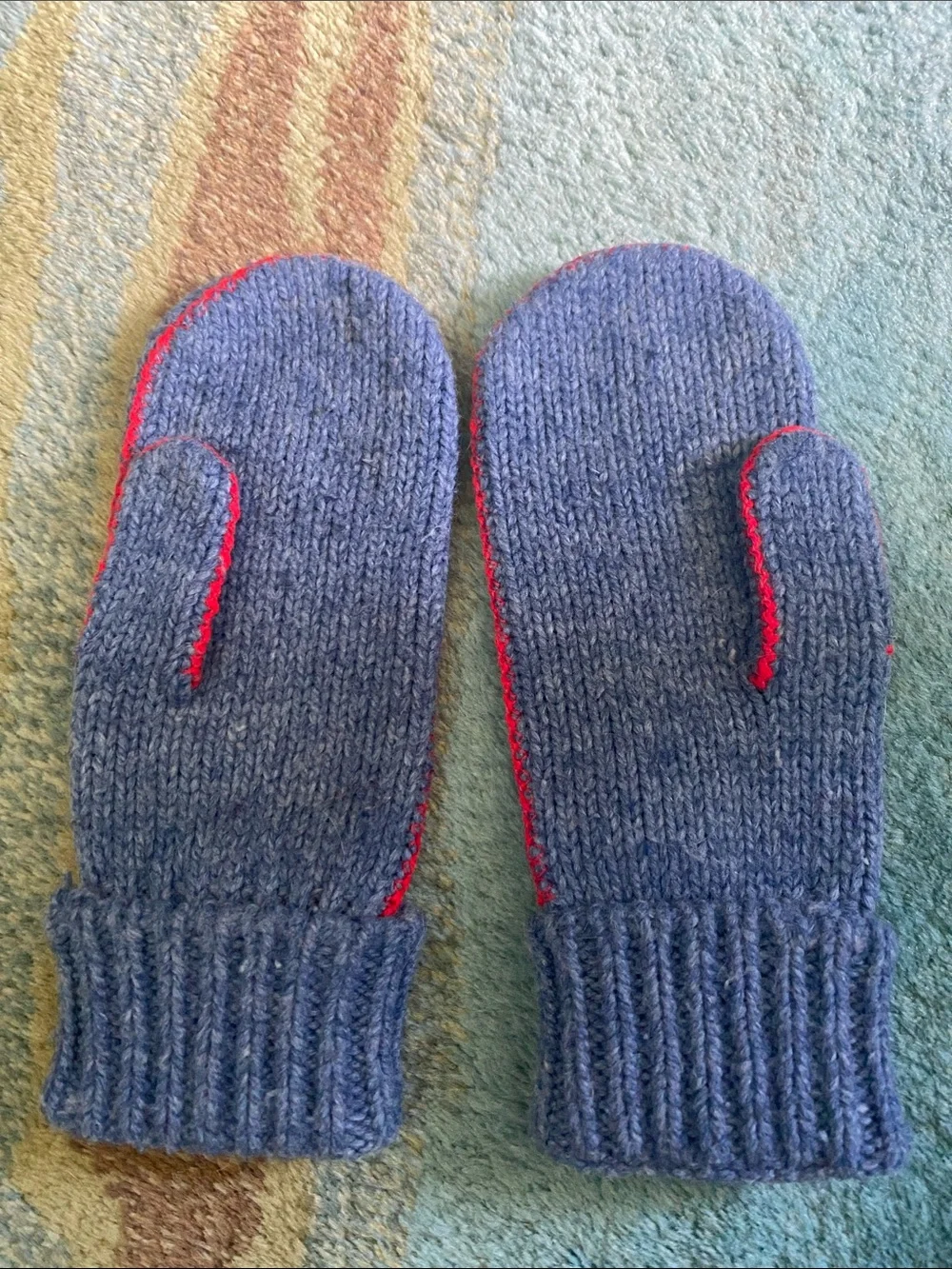 Women's Blue Knit Mittens with Red Trim
